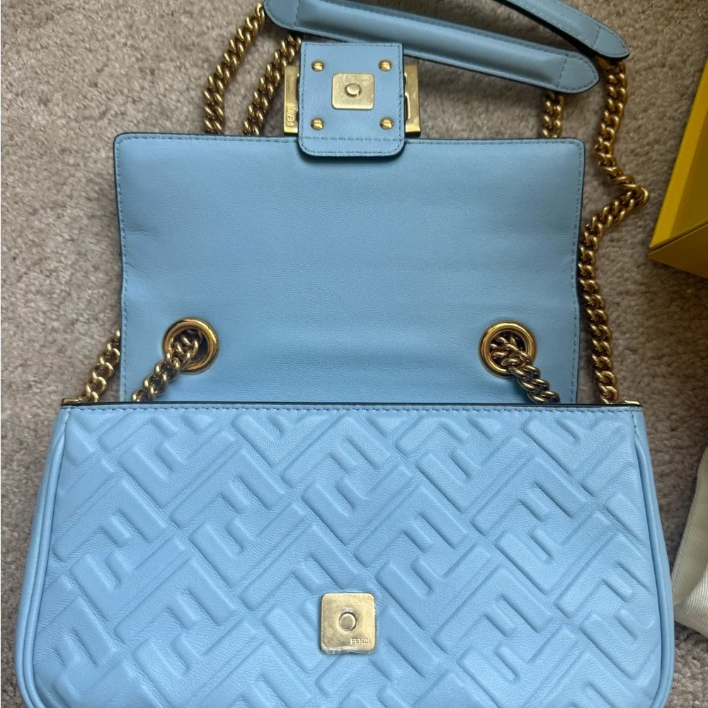 Fendi Light Blue Lambskin Zucca Baguette Gold Chain with Gold Hardware Full Set - Picture 7 of 16